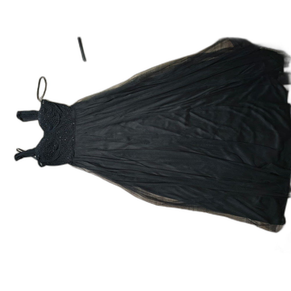 Women's Black Prom Dress Rhinestone Embellished Tulle Maxi Size L